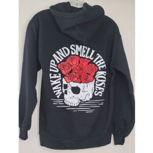Unisex Black Graphic Hoodie Skull Roses "WAKE UP AND SMELL THE ROSES" Mens Small